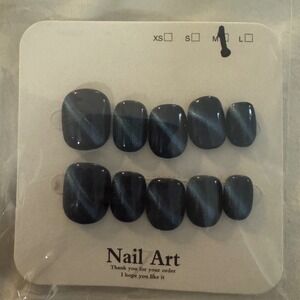Navy Blue Cat Eye Press On Nails Medium Length Square Nail‎ Art